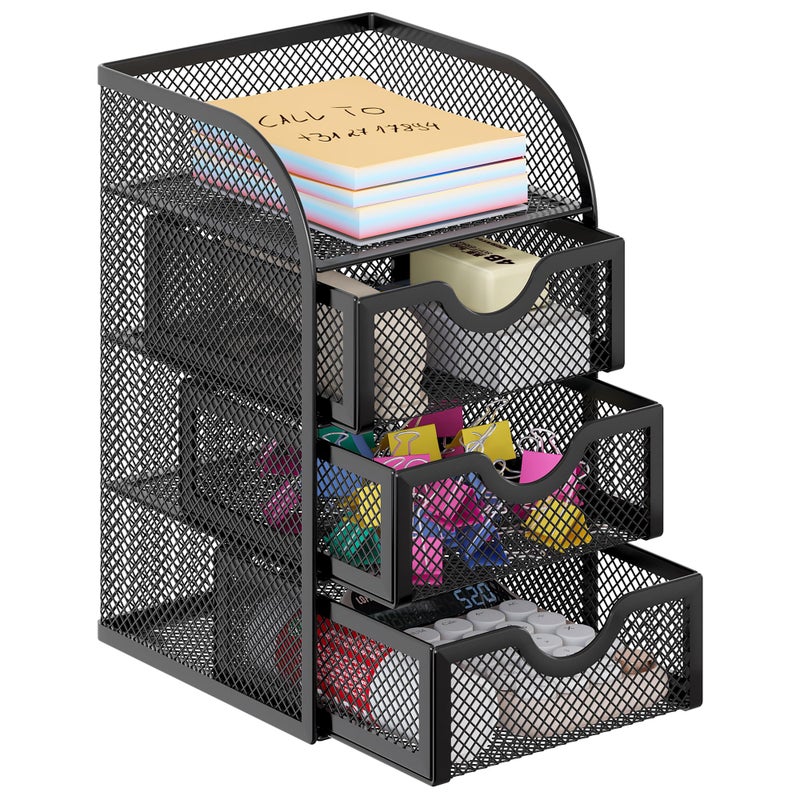 EasyPAG Mesh Desk Organizer with 3 Drawer Office Desktop Organizers and Accessories Stationery Caddy for Office, Home, Students, Black - Image 1